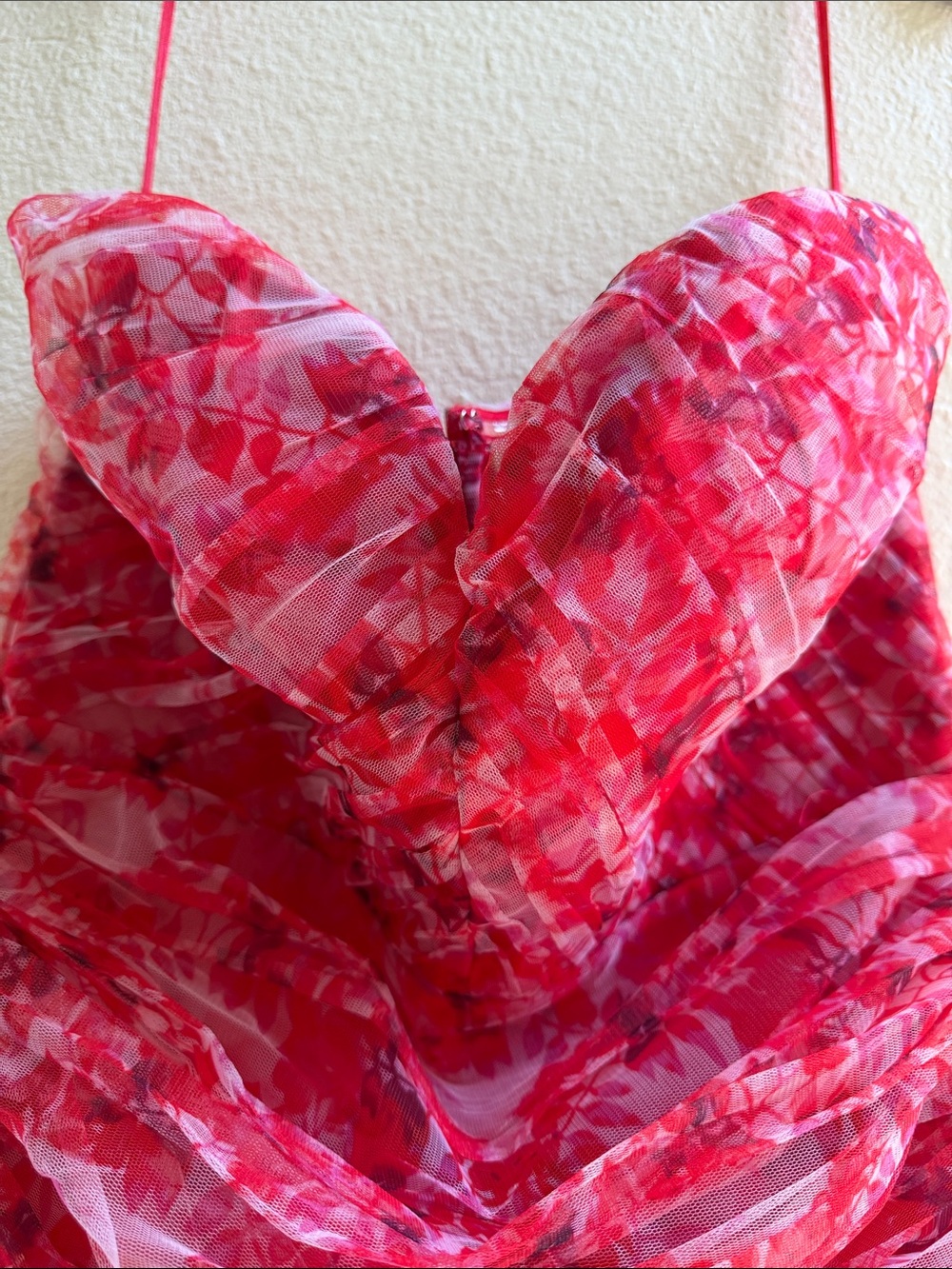 Strapless Red Floral Ruffle Gown - Picture 2 of 6